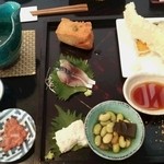 手打そば千花庵 - 前菜・盆・天婦羅とつきだし・お酒