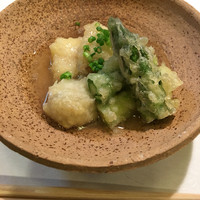 ひろ作 - アスパラと里芋と太刀魚の揚げおろし。