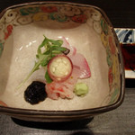 すず木 - お造り(鯛、ひらまさ、アオリイカ、シマエビ）(2016/5)