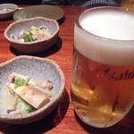 海蔵 - 「生ビール中ジョッキ」（540円）とお通し