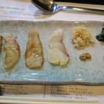 山猫軒 - 28年5月　鯛刺身各種　焼き霜、柚子、刺身醤油、酢〆、鯛飯、明日葉、鯛子、内臓塩辛