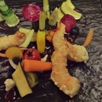 51338268 - Tempura prawns,pickled soft vegetables and sesame emulsion 