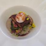 ビストロ ダイア - 北海道富良野産グリーンアスパラガスと仏産フォアグラ
      クレーム・ド・シャンピニオン　マデラソース　ウズラ卵のポーチ・ド・エッグを添えて H28.5月再訪