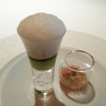 レフェルヴェソンス - (2016/5 昼) アミューズ：真鯵、加賀太胡瓜、えんどう豆、ガスパチョ
