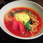 ・芋そうめんの温トマトスープ (バジルが効いたミネストローネ風)