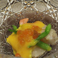 馳走菴 ひじり - 2016.5.27【先付】帆立・海老とトウモロコシの黄身酢掛け