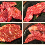 焼肉一楽 - 左上和牛カルビ、右上和牛赤身、左下牛ミスジステーキ、右下和牛霜降りスジ焼き