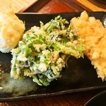 本格手打 いわしや - 天ぷら（たまご、春菊、鳥天）