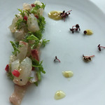 ソリスアグリトゥーリズモ - 鮮魚（真鯛）と山葵菜のサラダ仕立て、柚子胡椒のアクセント