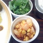 カレーの店 マボロシ - 奥にパクチー５０円。手前に見えるはカレーについてくる甘口アチャール。玉葱、コーン、レーズン。