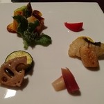 日本料理 対い鶴 - エビとホタテのウニソース焼き