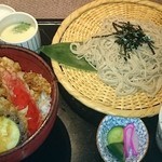 諏訪屋 - 今日のオススメ、ホウボウと野菜天丼とそば（税込1，400円）（2016.6）