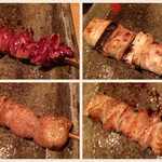 Yakitori Okuda - (左上)レバー350円(右上)ネギマ350円
                (左下)ぼんじり180円(右下)カワ200円_全税別