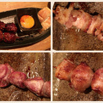 Yakitori Okuda - (左上)月見つくね650円(右上)モモ350円
                        (左下)砂肝200円(右下)トマト巻280円_全税別