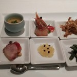 海鮮名菜　香宮 - 前菜 海老の紹興酒漬け、チャーシュー、白魚あげ等