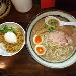 縁乃助商店 - 味玉ポタチキそば+鶏そぼろドライカレー飯