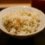 虎白 - 「飯物」鮑の炊き込みご飯、肝ソース添え　2016年4月