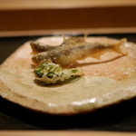 虎白 - 「揚物」長野県天竜川の稚鮎揚げ、こごみ 2016年4月