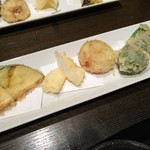 天ぷら岡本 - 天ぷら岡本(茄子、煽烏賊、新玉ねぎ、甘長とうがらし)