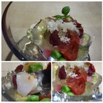 TTOAHISU - ＊トマトはコンフィされていますので、より甘く感じますね。
      ジュレもトマトから作られ、アクセント的に「鮎の魚醤」が加えられています。