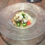 ル ボークープ - 白桃のムースと活け〆鱧と里芋　緑茶のジュレをのせて  2016-6