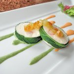 手打ち蕎麦とフレンチの やな木 - ＜2016年6月＞アミューズ、海老と白身魚のブレゼ、オレンジとレモンの香り、赤玉葱のピクルス