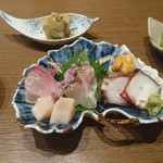 Ibuki - 刺身と枝豆と茄子の前菜