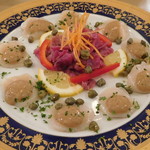 レストラン山水 - 帆立貝柱のカルパッチョ【北海道産）酢れんこん添