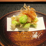 二条城ふる田 - 5】揚物:そら豆に百合根 海老頭のかき揚げ(2016.5月)