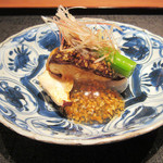 二条城ふる田 - 1】先付:イサキ 徳島産椎茸 ゴマ酢かけ 大原のスナップえんどう 小玉ねぎ レンコン(2016.5月)