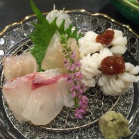 浜長 - ひらめの昆布〆、真鯛のあらい、鱧