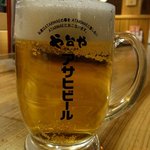 や台ずし 天六町 - まずは、これからでしょう。 何時ものように生ビールからのスタートです。 ここはオリジナルグラスですね。 よ～く、見ると面白い事を書いています。 私達は当たり前の事を当たり前に話し合い、当たり前におこな