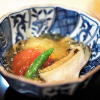 新富 なぐも - あわび　ミニオクラ　冷やしトマト　糸瓜　出汁ジュレ掛け