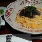 さぬきや - ナスの揚げ浸し釜玉うどん2016.6