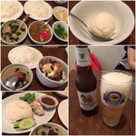 広島タイ料理 マナオ - 左側上からマッサマンカレー、ガパオ、チキンライス、グリーンカレーも、右側はココナッツミルクアイスにシンハー
