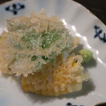 土家 - 28年6月　揚げ物　鱸、大葉、ズッキーニ、玉蜀黍