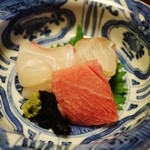 しのはら - 造り　串木野赤クエ、明石鯛、南インド洋黒マグロ中トロ