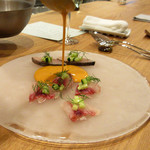 ラ・トラース - 3】前菜2:長崎産お魚のクリュ ガスパチョソース(イサキとサゴシ)(2016.6月)