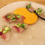 ラ・トラース - 3】前菜2:長崎産お魚のクリュ ガスパチョソース(イサキとサゴシ)(2016.6月)