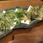 徳山鮓 - 余呉湖のフォルムをしたお皿で提供される山菜の天ぷら。コシアブラ、イタドリ、イワタバコなど