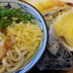 丸亀製麺 - おろしうどん(冷)＆きす・茄子・海老の天ぷら＆高菜おにぎり