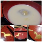 御料理 光安 - ◆定番「そばがきの白味噌仕立て」、白みその味わいが何とも言えず滋味で・・
      添えられた辛子もいいアクセントです。