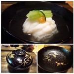 御料理 光安 - ◆アブラメのお椀。アブラメは切り身も大きく、上質な脂を感じて美味しい。
      上にはズイキと梅がのせられていまして、梅風味がよく合います。