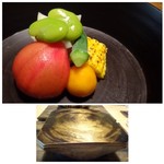 御料理 光安 - ◆初夏の野菜の八寸・・この器もステキ。
      フルーツトマト・ほうづき・百合根・コーン・そら豆・オクラなど。