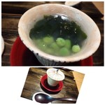 御料理 光安 - ◆うすい豆と淡路のワカメの葛挽き・・うすい豆タップリですし、いつもながらお出汁が美味しいこと。
      実山椒が入っていまして、いいアクセントです。