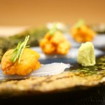 麻布十番 ふくだ - 白イカ（福岡）と海胆（利尻）