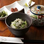 Dashi chazuke (plum, mustard greens, salted kelp, wasabi stalk)