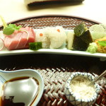 懐石料理 桝田 - お造り（トロ、甘手鰈、鱧、蒸し鮑、雲丹）