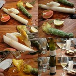 Ristorante Martello - 白アスパラガスと、花ズッキーニのモッツァレラチーズ包み揚げ、白ワイン。