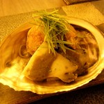 日本料理 晴山 - アワビとウニの下に、稲庭うどん。肝を絡めて。